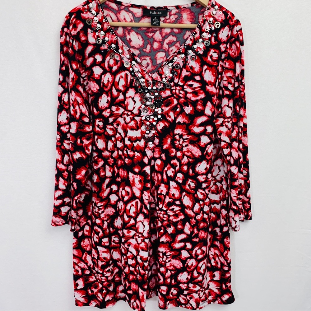 Style & Co. Red Embellished V neck Blouse Tunic XL